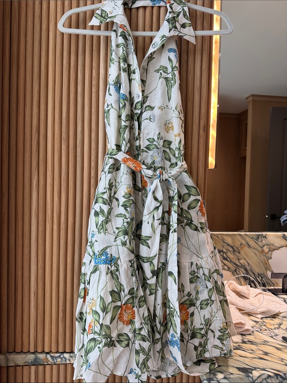Floral Halter Tie-Waist Linen Dress - White with Green & Orange Floral Print